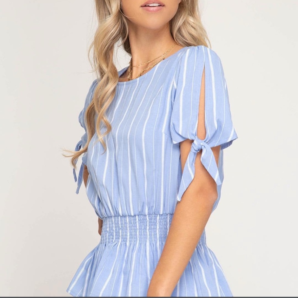 She + Sky Blue and White Striped Cold Shoulder Blouse - Picture 1 of 8